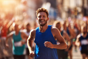 close-up action shot of a male runner in a blue singlet pushing hard during a sunny summer marathon